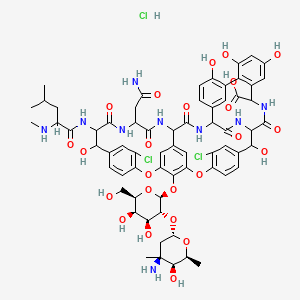 molecular formula C66H76Cl3N9O24 B1253401 48-[(2S,3R,4S,5R,6R)-3-[(2S,4S,5S,6S)-4-氨基-5-羟基-4,6-二甲基氧杂环-2-基]氧基-4,5-二羟基-6-(羟甲基)氧杂环-2-基]氧基-22-(2-氨基-2-氧代乙基)-5,15-二氯-2,18,32,35,37-五羟基-19-[[4-甲基-2-(甲基氨基)戊酰]氨基]-20,23,26,42,44-五氧代-7,13-二氧杂-21,24,27,41,43-五氮杂八环[26.14.2.23,6.214,17.18,12.129,33.010,25.034,39]五十五烷-3,5,8(48),9,11,14,16,29(45),30,32,34(39),35,37,46,49-十五烯-40-羧酸；盐酸盐 