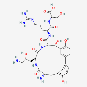 molecular formula C32H45N9O11 B1254614 (2S)-2-[[(2S)-2-[[(7R,8S,11S,14S)-14-amino-11-[(2R)-3-amino-2-hydroxypropyl]-5,7,17-trihydroxy-10,13-dioxo-9,12-diazatricyclo[14.3.1.12,6]henicosa-1(20),2(21),3,5,16,18-hexaene-8-carbonyl]amino]-5-(diaminomethylideneamino)pentanoyl]amino]-3-hydroxypropanoic acid 