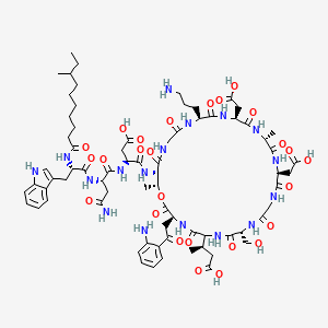 molecular formula C73H103N17O26 B1255488 (3S)-3-[[(2S)-4-amino-2-[[(2S)-3-(1H-indol-3-yl)-2-(8-methyldecanoylamino)propanoyl]amino]-4-oxobutanoyl]amino]-4-[[(3S,6S,9R,15S,18R,21S,24S,30S,31R)-3-[2-(2-aminophenyl)-2-oxoethyl]-24-(3-aminopropyl)-15,21-bis(carboxymethyl)-6-[(2R)-1-carboxypropan-2-yl]-9-(hydroxymethyl)-18,31-dimethyl-2,5,8,11,14,17,20,23,26,29-decaoxo-1-oxa-4,7,10,13,16,19,22,25,28-nonazacyclohentriacont-30-yl]amino]-4-oxobutanoic acid CAS No. 74754-47-5