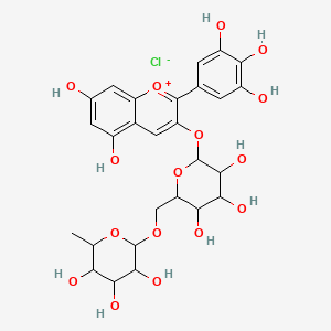 molecular formula C27H31ClO16 B1256078 2-[[6-[5,7-Dihydroxy-2-(3,4,5-trihydroxyphenyl)chromenylium-3-yl]oxy-3,4,5-trihydroxyoxan-2-yl]methoxy]-6-methyloxane-3,4,5-triol;chloride 
