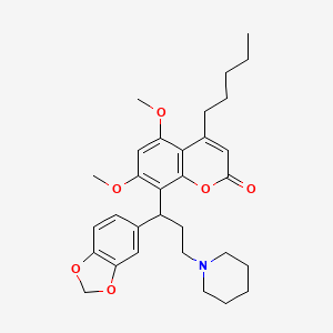 molecular formula C31H39NO6 B1256409 8-[1-(1,3-Benzodioxol-5-yl)-3-(1-piperidinyl)propyl]-5,7-dimethoxy-4-pentyl-1-benzopyran-2-one 