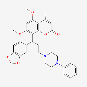 molecular formula C32H34N2O6 B1256778 8-[1-(1,3-Benzodioxol-5-yl)-3-(4-phenyl-1-piperazinyl)propyl]-5,7-dimethoxy-4-methyl-1-benzopyran-2-one 
