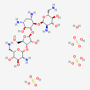 molecular formula C23H54N6O26S3 B1256789 (2R,3S,4R,5R,6R)-5-amino-2-(aminomethyl)-6-[(1R,2R,3S,4R,6S)-4,6-diamino-2-[(2S,3R,4S,5R)-4-[(2R,3R,4R,5S,6S)-3-amino-6-(aminomethyl)-4,5-dihydroxyoxan-2-yl]oxy-3-hydroxy-5-(hydroxymethyl)oxolan-2-yl]oxy-3-hydroxycyclohexyl]oxyoxane-3,4-diol;sulfuric acid;hydrate 