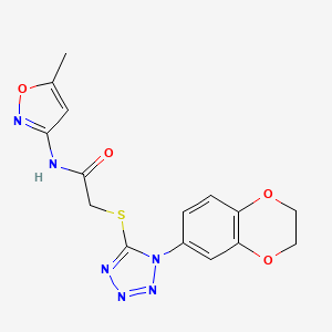 molecular formula C15H14N6O4S B12572079 Acetamide,2-[[1-(2,3-dihydro-benzo[B][1,4]dioxine-6-YL)-1H-tetrazol-5-YL]thio]-N-(5-methyl-3-isoxazolyl)- 