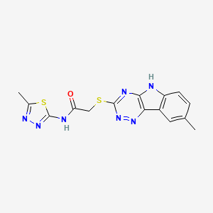 molecular formula C15H13N7OS2 B12572832 Acetamide,N-(5-methyl-1,3,4-thiadiazol-2-YL)-2-[(8-methyl-2H-1,2,4-triazino[5,6-B]indol-3-YL)thio]- 