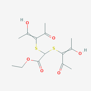 molecular formula C14H20O6S2 B12572985 Ethyl bis[(2-hydroxy-4-oxopent-2-en-3-yl)sulfanyl]acetate CAS No. 189025-88-5