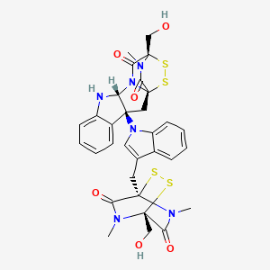 molecular formula C31H30N6O6S4 B1257389 (1S,3S,11R,14S)-14-(hydroxymethyl)-3-[3-[[(1R,4R)-4-(hydroxymethyl)-5,7-dimethyl-6,8-dioxo-2,3-dithia-5,7-diazabicyclo[2.2.2]octan-1-yl]methyl]indol-1-yl]-18-methyl-15,16-dithia-10,12,18-triazapentacyclo[12.2.2.01,12.03,11.04,9]octadeca-4,6,8-triene-13,17-dione 