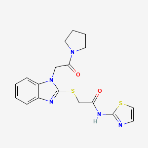 molecular formula C18H19N5O2S2 B12574609 2-[1-(2-Oxo-2-pyrrolidin-1-yl-ethyl)-1H-benzoimidazol-2-ylsulfanyl]-N-thiazol-2-yl-acetamide 