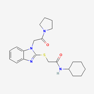 molecular formula C21H28N4O2S B12575852 N-Cyclohexyl-2-({1-[2-oxo-2-(1-pyrrolidinyl)ethyl]-1H-benzimidazol-2-yl}sulfanyl)acetamide 