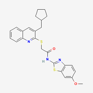 molecular formula C25H25N3O2S2 B12576872 Acetamide,2-[[3-(cyclopentylmethyl)-2-quinolinyl]thio]-N-(6-methoxy-2-benzothiazolyl)- 