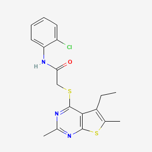 molecular formula C18H18ClN3OS2 B12580347 Acetamide,N-(2-chlorophenyl)-2-[(5-ethyl-2,6-dimethylthieno[2,3-D]pyrimidin-4-YL)thio]- 