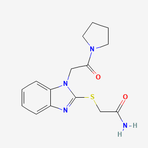 molecular formula C15H18N4O2S B12581112 2-({1-[2-Oxo-2-(1-pyrrolidinyl)ethyl]-1H-benzimidazol-2-yl}sulfanyl)acetamide 