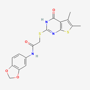 molecular formula C17H15N3O4S2 B12582156 Acetamide,N-1,3-benzodioxol-5-YL-2-[(1,4-dihydro-5,6-dimethyl-4-oxothieno[2,3-D]pyrimidin-2-YL)thio]- 