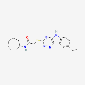 molecular formula C20H25N5OS B12582298 Acetamide,N-cycloheptyl-2-[(8-ethyl-2H-1,2,4-triazino[5,6-B]indol-3-YL)thio]- 