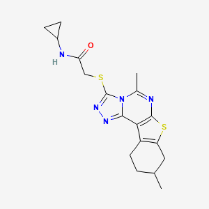 molecular formula C18H21N5OS2 B12582687 Acetamide,N-cyclopropyl-2-[(8,9,10,11-tetrahydro-5,9-dimethyl[1]benzothieno[3,2-E]-1,2,4-triazolo[4,3-C]pyrimidin-3-YL)thio]- 