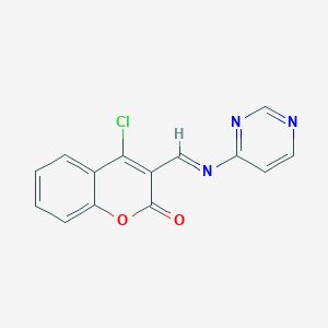 molecular formula C14H8ClN3O2 B12587728 4-Chloro-3-{(E)-[(pyrimidin-4-yl)imino]methyl}-2H-1-benzopyran-2-one CAS No. 877178-79-5
