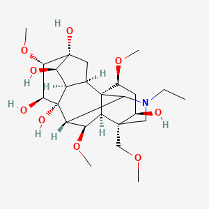 molecular formula C25H41NO9 B1258803 (2R,3R,5R,6S,7S,8R,13R,14R,16S,17S,18R)-11-ethyl-6,16,18-trimethoxy-13-(methoxymethyl)-11-azahexacyclo[7.7.2.12,5.01,10.03,8.013,17]nonadecane-4,5,7,8,14-pentol CAS No. 509-20-6