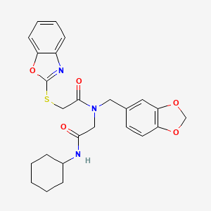 molecular formula C25H27N3O5S B12590625 N-Benzo[1,3]dioxol-5-ylmethyl-2-(benzooxazol-2-ylsulfanyl)-N-cyclohexylcarbamoylmethyl-acetamide 
