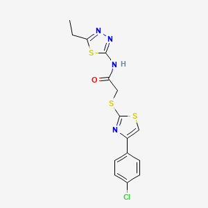 molecular formula C15H13ClN4OS3 B12595345 Acetamide,2-[[4-(4-chlorophenyl)-thiazol-2-YL]thio]-N-(5-ethyl-1,3,4-thiadiazol-2-YL)- 