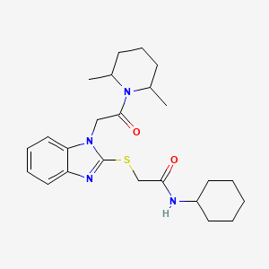 molecular formula C24H34N4O2S B12600286 N-Cyclohexyl-2-({1-[2-(2,6-dimethyl-1-piperidinyl)-2-oxoethyl]-1H-benzimidazol-2-yl}sulfanyl)acetamide 