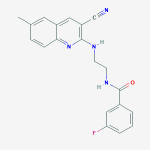 molecular formula C20H17FN4O B12600634 N-{2-[(3-Cyano-6-methyl-2-quinolinyl)amino]ethyl}-3-fluorobenzamide CAS No. 606105-46-8