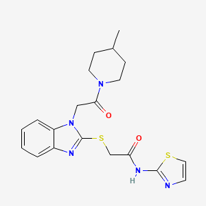 molecular formula C20H23N5O2S2 B12600714 2-{1-[2-(4-Methyl-piperidin-1-yl)-2-oxo-ethyl]-1H-benzoimidazol-2-ylsulfanyl}-N-thiazol-2-yl-acetamide 