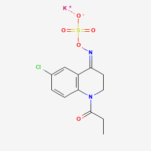 molecular formula C12H12ClKN2O5S B1260172 Hydroxylamine-O-sulfonic acid, N-(6-chloro-2,3-dihydro-1-(1-oxopropyl)-4(1H)-quinolinylidene)-, potassium salt CAS No. 114405-22-0