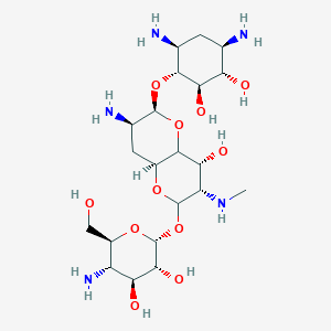 molecular formula C21H41N5O11 B1260823 (2R,3R,4S,5S,6S)-2-[[(3S,4R,6S,7R,8aS)-7-amino-6-[(1R,2R,3S,4R,6S)-4,6-diamino-2,3-dihydroxycyclohexyl]oxy-4-hydroxy-3-(methylamino)-2,3,4,4a,6,7,8,8a-octahydropyrano[3,2-b]pyran-2-yl]oxy]-5-amino-6-(hydroxymethyl)oxane-3,4-diol 