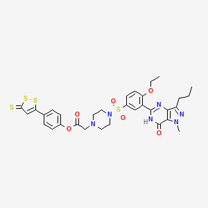 molecular formula C32H34N6O6S4 B12608884 [4-(5-sulfanylidenedithiol-3-yl)phenyl] 2-[4-[4-ethoxy-3-(1-methyl-7-oxo-3-propyl-6H-pyrazolo[4,3-d]pyrimidin-5-yl)phenyl]sulfonylpiperazin-1-yl]acetate 