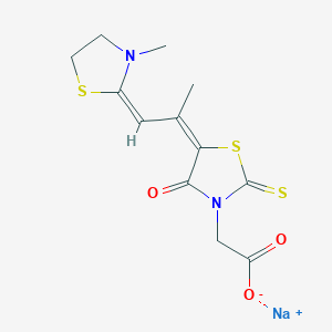 molecular formula C12H13N2NaO3S3 B126131 Sodium {(5E)-5-[(1E)-1-(3-methyl-1,3-thiazolidin-2-ylidene)propan-2-ylidene]-4-oxo-2-sulfanylidene-1,3-thiazolidin-3-yl}acetate CAS No. 144940-73-8