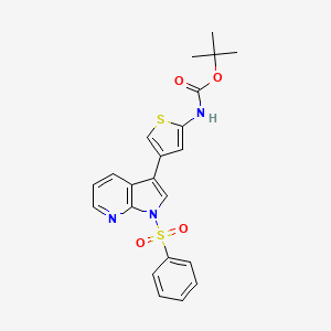 molecular formula C22H21N3O4S2 B12615107 Carbamic acid, N-[4-[1-(phenylsulfonyl)-1H-pyrrolo[2,3-b]pyridin-3-yl]-2-thienyl]-, 1,1-dimethylethyl ester 