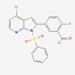 molecular formula C20H12BrFN2O3S B12621489 Benzaldehyde, 5-[4-bromo-1-(phenylsulfonyl)-1H-pyrrolo[2,3-b]pyridin-2-yl]-2-fluoro- 