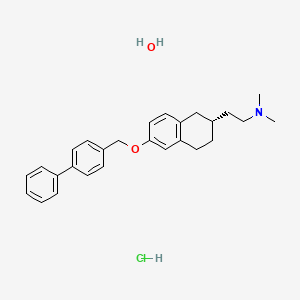 molecular formula C27H34ClNO2 B1262282 6-((1,1'-Biphenyl)-4-ylmethoxy)-1,2,3,4-tetrahydro-N,N'-dimethyl-2-napthaleneethanamine hydrochloride monohydrate, R- CAS No. 365276-12-6