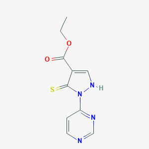 molecular formula C10H10N4O2S B012626 1H-Pyrazole-4-carboxylic acid, 5-mercapto-1-(4-pyrimidinyl)-, ethyl ester CAS No. 105877-69-8