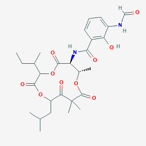 molecular formula C28H38N2O10 B1263351 N-[(6S,7S)-3-butan-2-yl-7,10,10-trimethyl-12-(2-methylpropyl)-2,5,9,11-tetraoxo-1,4,8-trioxacyclododec-6-yl]-3-formamido-2-hydroxybenzamide 