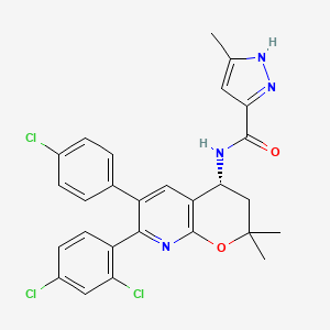 molecular formula C27H23Cl3N4O2 B1264437 1H-Pyrazole-3-carboxamide, N-[(4R)-6-(4-chlorophenyl)-7-(2,4-dichlorophenyl)-3,4-dihydro-2,2-dimethyl-2H-pyrano[2,3-b]pyridin-4-yl]-5-methyl- 