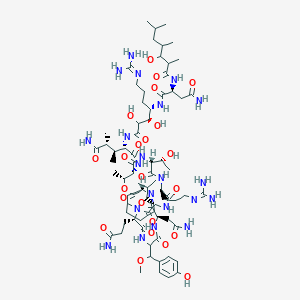 molecular formula C75H125N21O23 B1265158 (2R,3S,4S)-4-[[(3R,4S)-4-[[(2S)-4-amino-2-[(3-hydroxy-2,4,6-trimethylheptanoyl)amino]-4-oxobutanoyl]amino]-7-(diaminomethylideneamino)-2,3-dihydroxyheptanoyl]amino]-N'-[(3R,9S,12S,15R,18R,21R,22R,25S)-3-(2-amino-2-oxoethyl)-9-(3-amino-3-oxopropyl)-15-[3-(diaminomethylideneamino)propyl]-18-[(1R)-1-hydroxyethyl]-6-[(4-hydroxyphenyl)-methoxymethyl]-10,22-dimethyl-12-(2-methylpropyl)-2,5,8,11,14,17,20,24-octaoxo-23-oxa-1,4,7,10,13,16,19-heptazabicyclo[23.4.0]nonacosan-21-yl]-2,3-dimethylpentanediamide 