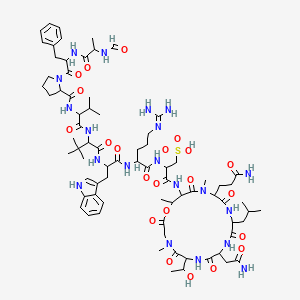 molecular formula C76H114N20O22S B12653091 3-[[9-(2-amino-2-oxoethyl)-15-(3-amino-3-oxopropyl)-6-(1-hydroxyethyl)-4,16,19-trimethyl-12-(2-methylpropyl)-2,5,8,11,14,17-hexaoxo-1-oxa-4,7,10,13,16-pentazacyclononadec-18-yl]amino]-2-[[5-(diaminomethylideneamino)-2-[[2-[[2-[[2-[[1-[2-(2-formamidopropanoylamino)-3-phenylpropanoyl]pyrrolidine-2-carbonyl]amino]-3-methylbutanoyl]amino]-3,3-dimethylbutanoyl]amino]-3-(1H-indol-3-yl)propanoyl]amino]pentanoyl]amino]-3-oxopropane-1-sulfonic acid CAS No. 96156-14-8