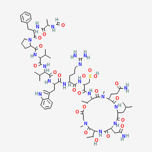 molecular formula C75H112N20O22S B12656368 3-[[9-(2-amino-2-oxoethyl)-15-(3-amino-3-oxopropyl)-6-(1-hydroxyethyl)-4,16,19-trimethyl-12-(2-methylpropyl)-2,5,8,11,14,17-hexaoxo-1-oxa-4,7,10,13,16-pentazacyclononadec-18-yl]amino]-2-[[5-(diaminomethylideneamino)-2-[[2-[[2-[[2-[[1-[2-(2-formamidopropanoylamino)-3-phenylpropanoyl]pyrrolidine-2-carbonyl]amino]-3-methylbutanoyl]amino]-3-methylbutanoyl]amino]-3-(1H-indol-3-yl)propanoyl]amino]pentanoyl]amino]-3-oxopropane-1-sulfonic acid CAS No. 96156-13-7