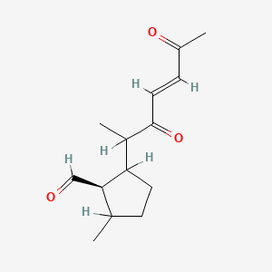 molecular formula C14H20O3 B12668606 Cyclopentanecarboxaldehyde, 2-methyl-5-(1-methyl-2,5-dioxo-3-hexenyl)- CAS No. 55811-46-6