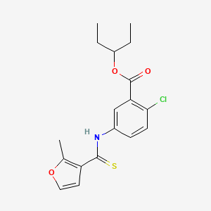 molecular formula C18H20ClNO3S B12672472 Benzoic acid, 2-chloro-5-(((2-methyl-3-furanyl)thioxomethyl)amino)-, 1-ethylpropyl ester CAS No. 178870-41-2