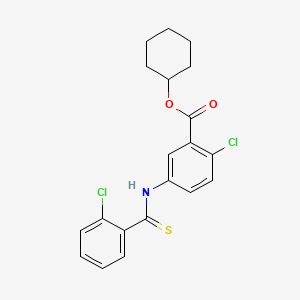 molecular formula C20H19Cl2NO2S B12673548 Benzoic acid, 2-chloro-5-(((2-chlorophenyl)thioxomethyl)amino)-, cyclohexyl ester CAS No. 135813-05-7