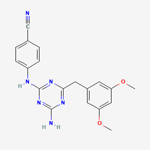 molecular formula C19H18N6O2 B12673800 Benzonitrile, 4-((4-amino-6-((3,5-dimethoxyphenyl)methyl)-1,3,5-triazin-2-yl)amino)- CAS No. 205381-64-2