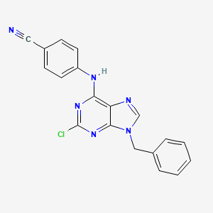 molecular formula C19H13ClN6 B12673806 Benzonitrile, 4-((2-chloro-9-(phenylmethyl)-9H-purin-6-yl)amino)- CAS No. 125802-53-1