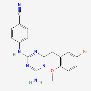 molecular formula C18H15BrN6O B12675927 Benzonitrile, 4-((4-amino-6-((5-bromo-2-methoxyphenyl)methyl)-1,3,5-triazin-2-yl)amino)- CAS No. 205381-68-6