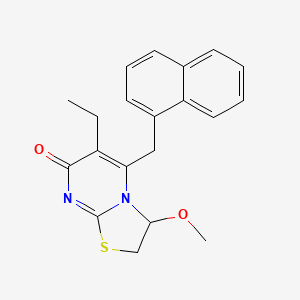 molecular formula C20H20N2O2S B12677407 7H-Thiazolo(3,2-a)pyrimidin-7-one, 6-ethyl-2,3-dihydro-3-methoxy-5-(1-naphthalenylmethyl)- CAS No. 199852-28-3