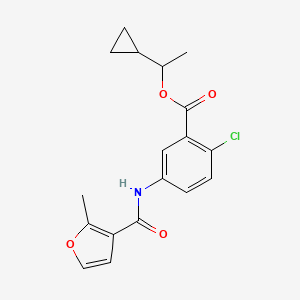 molecular formula C18H18ClNO4 B12679403 Benzoic acid, 2-chloro-5-(((2-methyl-3-furanyl)carbonyl)amino)-, 1-cyclopropylethyl ester CAS No. 178869-95-9