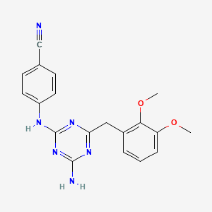 molecular formula C19H18N6O2 B12684226 Benzonitrile, 4-((4-amino-6-((2,3-dimethoxyphenyl)methyl)-1,3,5-triazin-2-yl)amino)- CAS No. 205381-58-4