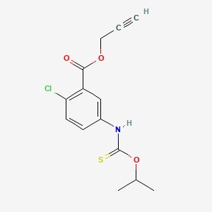 molecular formula C14H14ClNO3S B12684863 Benzoic acid, 2-chloro-5-(((1-methylethoxy)thioxomethyl)amino)-, 2-propynyl ester CAS No. 135839-77-9