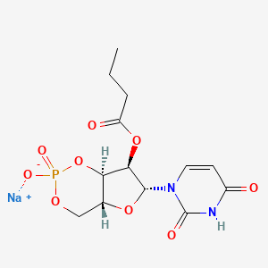 molecular formula C13H16N2NaO9P B12685295 Uridine, cyclic 3',5'-(hydrogen phosphate) 2'-butanoate, monosodium salt CAS No. 57329-12-1